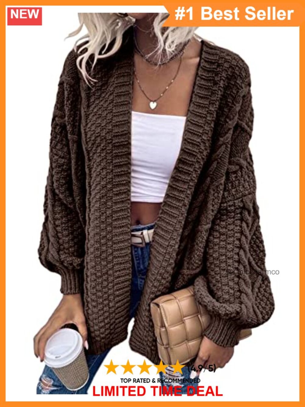 Women's Cable Knit Lantern Sleeve Cardigan Sweater